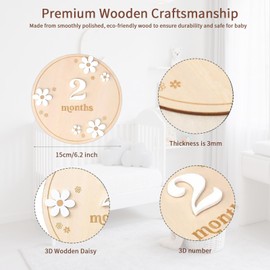 Baby Monthly Milestone Signs, Wooden Daisy Baby Monthly Milestone Cards Blocks with 1-12 Months Number, Babys Announcement Sign Photoshoot Props for Babys Growth Recording (Round)