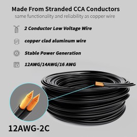 Energeaster Electrical Wire 2 Conductors Black Cable Hookup LED Lighting Strips Flexible Wire Outdoor Extension Cord 12 Gauge Copper Clad Aluminum Wire Low Voltage Cable(12AWG 100FT)