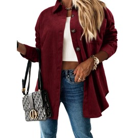 ZOLUCKY Womens Long Sleeve Shacket Casual Corduroy Button Down Shirts Solid Color Shacket Blouse Tops, Wine Red 3XL