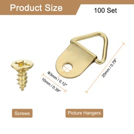 sourcing map 100Pcs Picture Hangers, Triangle Ring Picture Frame Hook, Frame Backing Fasteners with 100 Pcs Screws for Hanging Clock Paintings Pictures, Gold