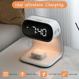 WILIT Alarm Clock with Wireless Charging,Dimmable Night Light,Snooze Function,10W Fast Charger,Modern Bedside Clock for Bedroom,Kids,Teens,Adults,Gift for Men and Women(White)
