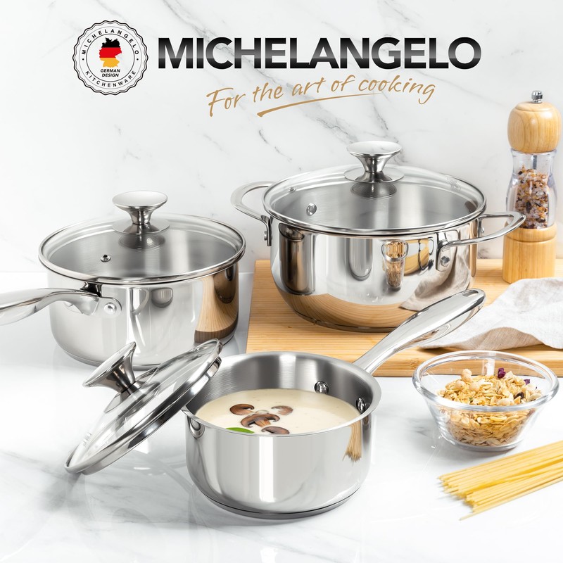 MICHELANGELO Stainless Steel Pot Set with Lids 1QT & 2QT