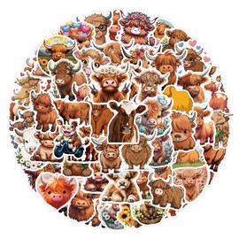 Highland Cow Stickers 100 Pack Laptop Stickers,Cute Cartoon Animal Vinyl Waterproof Stickers for Water Bottles Skateboard Scrapbook Bike Computer,Phone,-Graffiti Stickers Pack for Teens Girls Kids