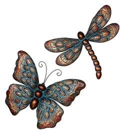 Summer Beauties Butterfly and Dragonfly Metal Wall Art Set of Two | Hand-Finished in Metallic Copper and Blue | Charming Garden-Inspired Wall Art Sculpture Set of 2 | Indoor or Outdoor Year-Round Use