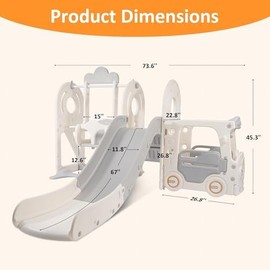Elevon 4-in-1 Slide with Swing Set, Bus Themed Slide, Indoor Outdoor Playground for Backyard & Home, Easy Assembly and Storage, White & Gray