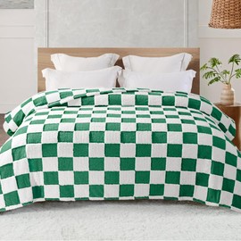 Exclusivo Mezcla Fleece Checkered Blanket Twin Size, Cozy Lightweight and Fuzzy Blankets for Couch or Bed, Suitable for All Seasons, Green, 60" x 80"