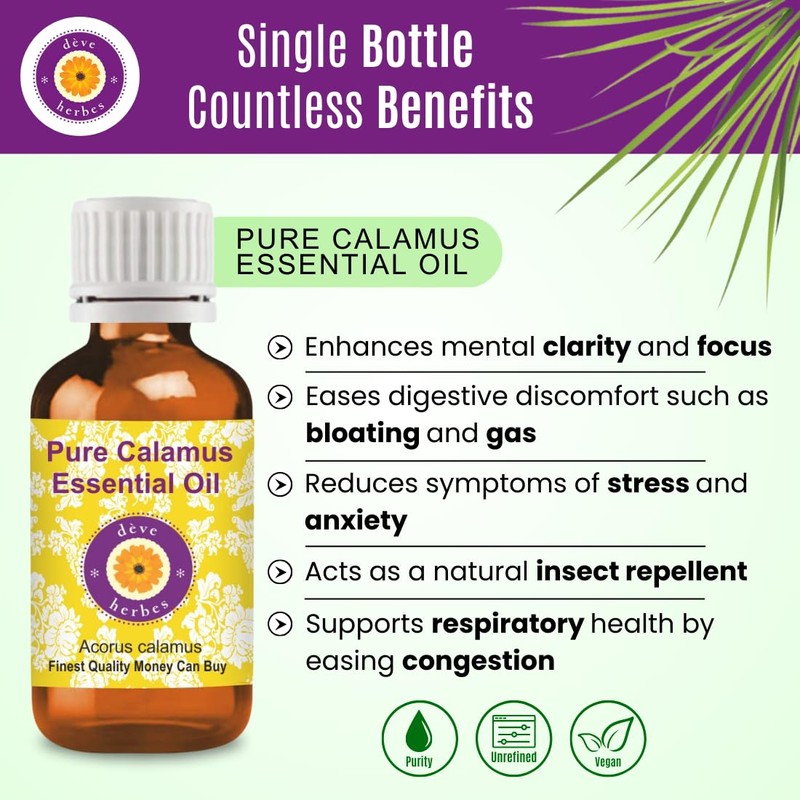 Deve Herbes Pure Calamus Essential Oil (Acorus Calamus) Steam Distilled