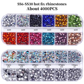 Blinginbox Hotfix Rhinestones for Clothes Craft, 4000pcs Hotfix Crystal Rhinestones Flat Back Round Gems for Hotfix Applicator, SS6-SS30 Multiple Size with Black Red Green Blue Clear AB Color