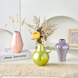 Colorful Ceramic Vase Set of 3, Small Vases for Home Decor, Modern Farmhouse Vase for Flowers, Decorative Boho Vases for Living Room Coffee Table Shelf Entryway Decor(Pink+Green+Purple)