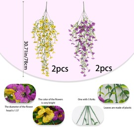 GhuaH 4 Pcs Artificial Hanging Flowers for Outdoors Spring Summer Faux Silk Daisy Flowers UV Resistant Fake Plants Eucalyptus Realistic for Outside Home Indoor Planter Porch Yard Decor Yellow Purple