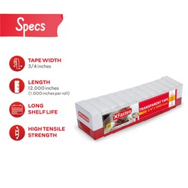 XFasten Crystal Clear Transparent Tape 3/4-Inch by 1000-Inch, Pack of 12, Yellowing Resistant Clear Packaging Tape Refill Rolls