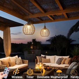 TWINKVILLA Hanging Pendant Lights, Battery Operated Outdoor Chandelier with Warm White LED Bulb for Patio Tree Pergola Gazebo Porch (Beaded Ball-G50-2PK)