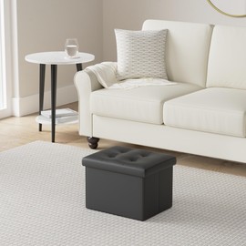 LotFancy Small Storage Ottoman, Black Foot Rest Stool, 17x13x13 inch, Ottoman for Living Room, Footstool, Faux Leather