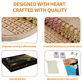 HOROW Horse Race Board Game Racing Game Thickened Solid Wood with 11 Luxurious Durable Classic Metal Horses with 4 Dice and 2 Boxes of Cards Horse Racing Game Wooden(Log Color, Oval)…