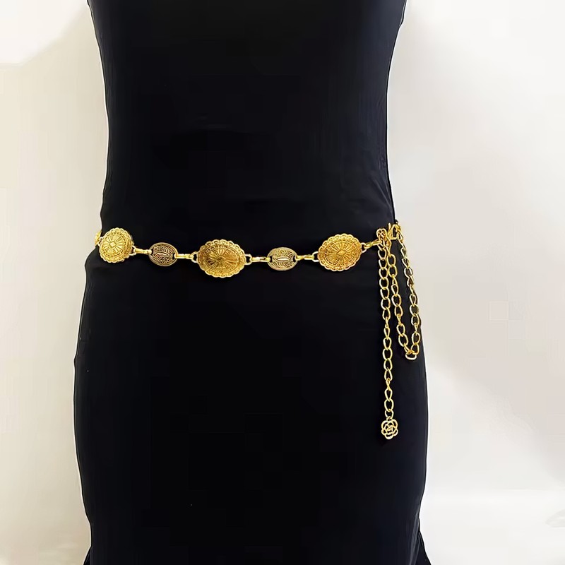 Vintage Oval Carved Metal Waist Chain for Women – Retro