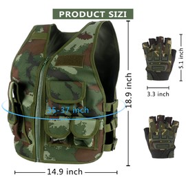 Green Bean Kids Outdoor Tactical Vest, Children's Combat Vest Adjustable Breathable Vest with Kids Half Finger Short Gloves