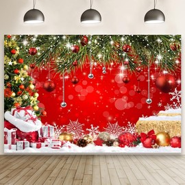 7x5FT Christmas Red Backdrop for Photography Xmas Ball Gifts Bell Green Pine Tree Hay Backdrops Rustic Snow New Year Decor Background Kids Portrait Photobooth Family Party Baby Shower Decorations