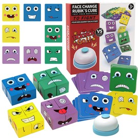 KBIBCK Face Changing Cube Game, Expression Matching Block Puzzles Thinking Training, 16 Wooden Magic Cube Building Blocks with 64 Expression Cards, Parent-Child Montessori Educational Toys for Kids
