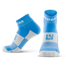 MudGear Calcetines largos para correr – Calcetines de media pantorrilla – Hombres y mujeres – Correr, senderismo, ciclismo y más, 1 par, Azul neón, Small-Medium