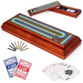 Wooden Cribbage Board Game Set with Large Storage Area, Solid Wood 3 Track Cribbage Board, 9 Metal Pegs, 2 Playing Cards and Instruction. Travel Family Game Night Travel Cribbage Sets for All Ages