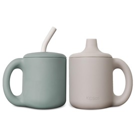 KIDSco. Silicone Sippy Cups with Easy Grip Transition Handle, a Soft Spout and Straw. A Non Toxic No Spill Unbreakable Training Cup. 150ml/5oz |2-PACK Green and Sandy Shore|