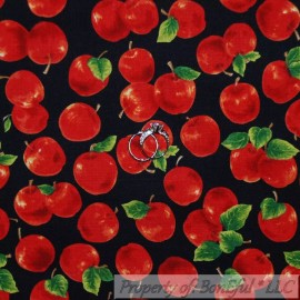 Fabri-Quilt BonEful FABRIC FQ Cotton Quilt Black Red Apple Green Leaf Stem Fruit Farm Market