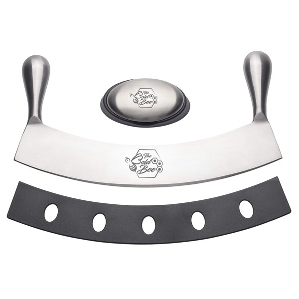 The Bold Bee's 12" Stainless Steel Mezzaluna Knife with Cover & FREE Stainless Steel Soap Bar Eco Friendly Pizza Cutter Fruit, Vegetable & Salad Chopper & Dicer Herb Mincer Smell Neutralizer