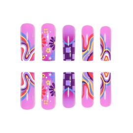 24pcs Extra Long Square False Nails Purple French Tip Stick on Nails Flower Checkerboard Press on Nails Removable Glue-on Nails Full Cover Fake Nails Women Brides Nail Art Accessories