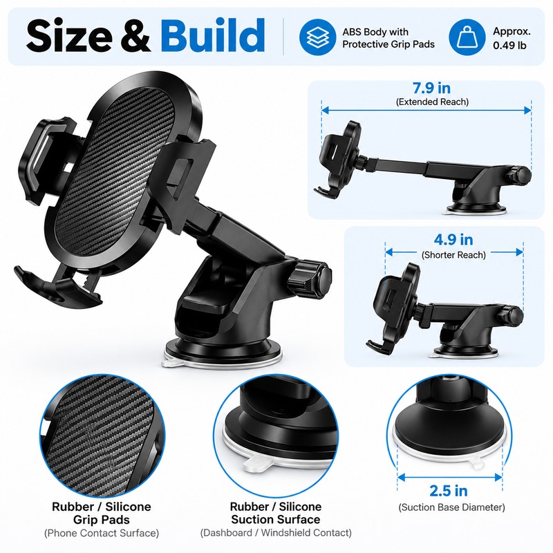 Car Phone Mount with Long Adjustable Arm – Suction Cup