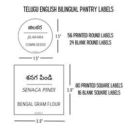 Desibels 136 Printed Indian Telugu Bilingual Plus 40 Blank Kitchen Pantry Labels, Minimalist, Waterproof, Dishwasher-Safe, Easy to Remove and Re-Stick
