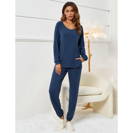 FIOPHY Cozy 2 Piece Lounge Sets for Women Sweatsuit Pajamas Outfits Long Sleeve Tops and Joggers Loungewear Set Navy Blue L