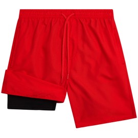 Quad Seven Boys Swim Trunks with Compression Liner Quick Dry Bathing Suit Swim Shorts (Sizes: 8-14), Size 16-18, Solid Red