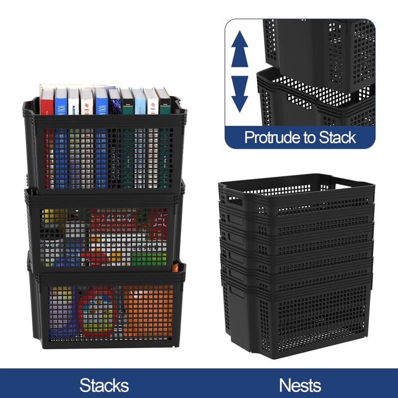 Yesdate Stackable Woven Plastic Storage Baskets, 6 Pack Container Tote