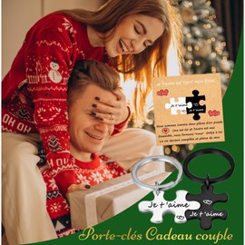 Cadeau Couple Porte-clés - 2 Pieces Porte-clés Couple, Gravé Je t'aime Cadeau Saint-Valentin Anniversaire Noël Femme Homme, Stainless steel colour/black