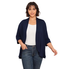 TIANZHU - Cárdigan ligero de talla grande para mujer, con parte delantera abierta, manga 3/4, drapeado, kimono transparente, para cubrir la playa, Azul marino, 5XL