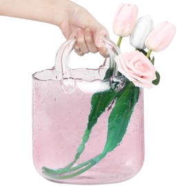 Unique Purse Vase for Flowers,Pink Handmade Thicken Bubbled Glass Bag Vases with Gradient Color for Home Decors .Great Clear Purse Flower Vase for Centerpiece,Floral Arrangement,Wedding Decors.