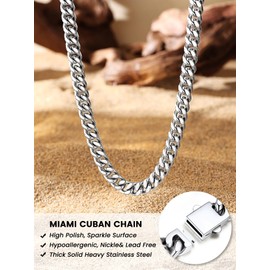 7mm Stainless Steel Cuban Miami Chain 26 Inch Long Necklace Silver Cuban Link Curb Chain for Men Dad Husband Brothers Gifts Flat Thick Chains Men's Jewelry, 26"