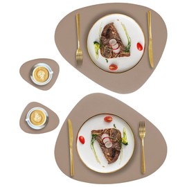 Faux Leather Placemats and Coasters Set of 2, Round Leather for Dinner Table Mats Heat Resistant Non-Slip Washable Insulation Coffee Mats Kitchen Place Mats Nordic Style,Apricot