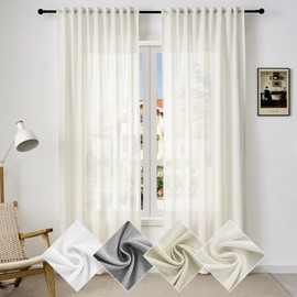 WOLTU Curtains with Ruffle Tape, Linen Look, Semi-Transparent Voile Linen Curtain, Stores, Window Curtains, Modern for Living Room, Bedroom, 135 x 225 cm, Cream (Pack of 1)