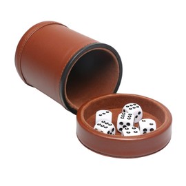 PU Leather Dice Cup Set with Lid Dark Brown Felt Lining Quiet Shaker Cup Includes 6 Dot Dice for Liars Dice Farkle Yahtzee Board Games, 1 Pack