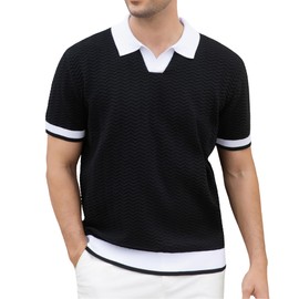Alex Vando Mens Knit Polo Shirts Casual Short Sleeve Johnny Collar Golf Shirts,Black,L