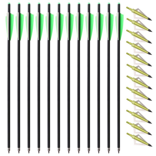 TOPARCHERY 12pcs 20inch Carbon Crossbow Arrows Crossbow Bolts with 4inch Vanes and 12pcs 3 Blades Archery Broadheads 100 Grain Screw-in Arrow Heads Arrow Tips (Arrows with Green Tips)