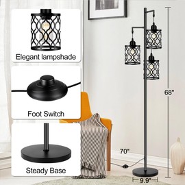 Industrial Floor Lamp, Metal Farmhouse Floor Lamp for Living Room, Rustic Standing Tall Lamps with 3 Elegant Cage Heads, Tree Floor Lamps for Bedrooms, Home Office, Bar, 68", Black, Bulb Not Included