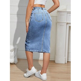Womens Denim Pencil Skirts Mid Long High Waist A line Midi Jean Skirt Split Hem Skirts for Ladies Mid Blue M.