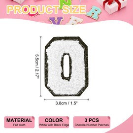PATIKIL 3 Pcs Chenille Number Patches, 2.17 Inch Self-Adhesive Number 0 Patch Appliques Stickers for DIY Clothing Jacket Jersey Hat Decor, White with Black Edge