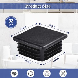 THATSRAD Pack of 32 Pipe Plugs, Foot Caps, Lamellar Plugs, 50 x 50 mm, End Plugs, Square Plugs, Pipe Cover, Plastic Plugs for Metal Products, Square Pipe Plugs