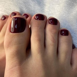 SXVME Burgundy Red Press on Toes Nails Short Square, Solid Color Fake Toe Nails Glue on, Toe Press on Nails for Women, Glossy Gel ToeNails Acrylic for Decoration 24 Pcs
