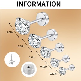 4mm Tiny Cubic Zirconia Screw on Stud Earrings,Unisex Flat Back Stud Earrings,Cartilage Tragus Helix Piercing Steel Hypoallergenic Earring Jewelry Gift for Women Men Girls Teens(Silver, 4mm)
