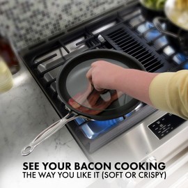 Northwest Enterprises Bacon Press, Round Tempered Glass Bacon Press and Splatter Shield, Perfectly Cooked Flat Bacon Every time! (10 Inch)