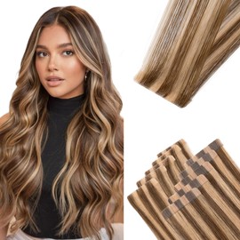 TESS Invisible Tape In Hair Extensions Human Hair Highlighted Injected Tape Seamless Real Hair Straight 10 Pcs 25G - #4YP27 Medium Brown & Dark Blonde - 16 Inch